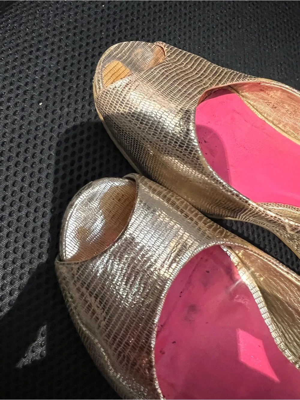 Lilly Pulitzer Gold Peep-Toe Heels with Red Insole
